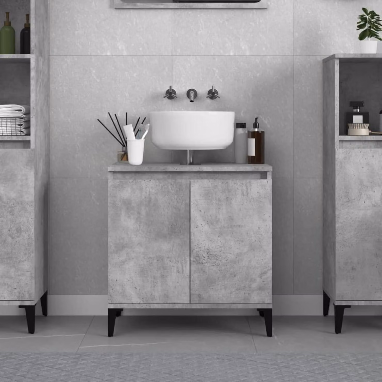 Mobiletti bagno, mobiletto sotto lavabo, grigio cemento, 58x33x60 cm, materiale composito di legno