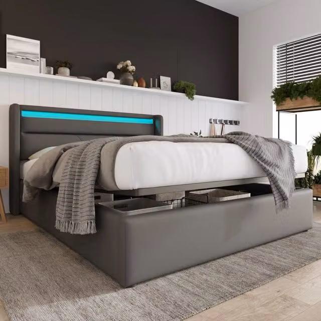 Letto matrimoniale contenitore 140×200 cm con LED regolabile e vano idraulico, materasso incluso, in PU grigio