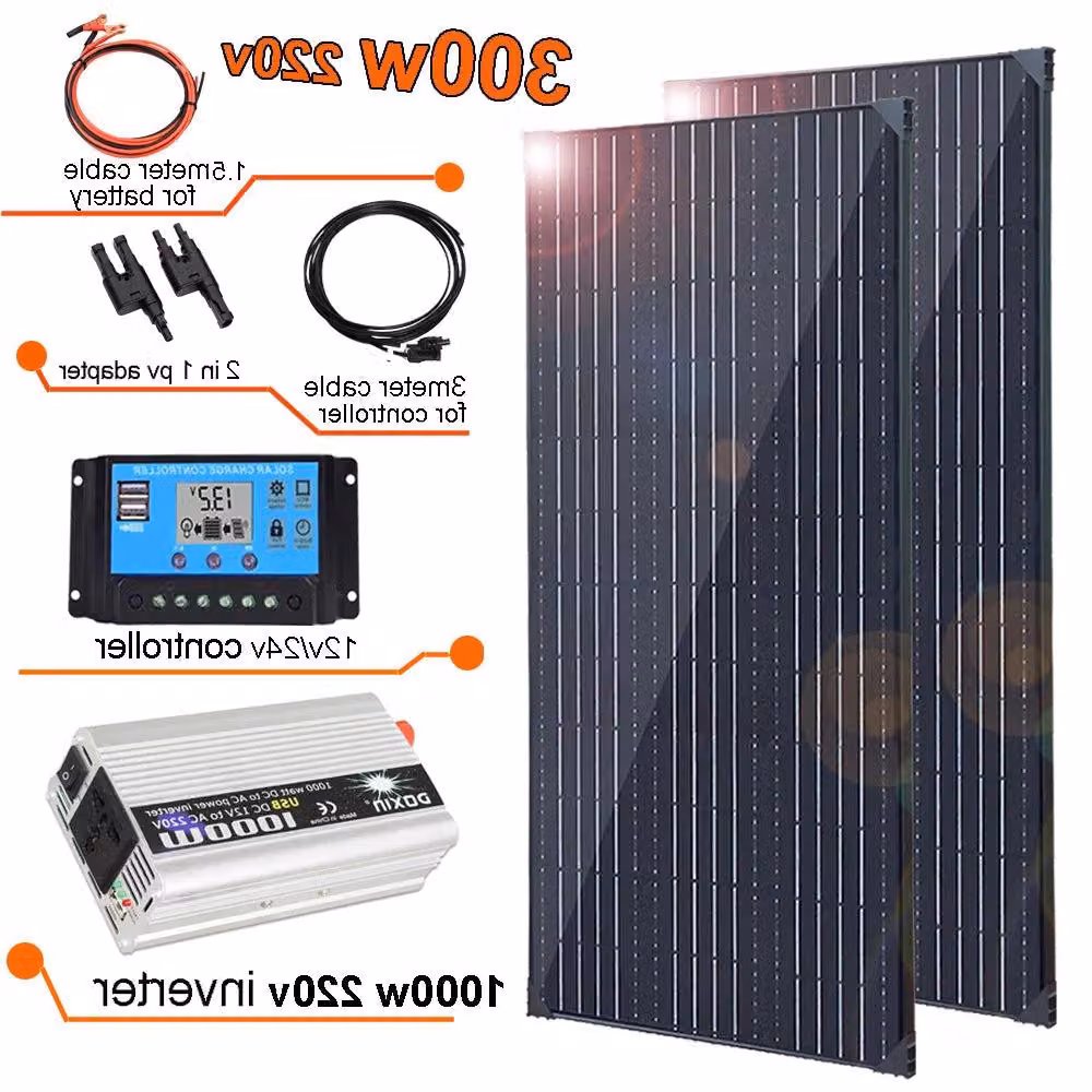Pannello solare - Kit solare da 300W - Include inverter da 220V - Modulo da 12V - Struttura in alluminio monocristallino - Adatto per imbarcazioni