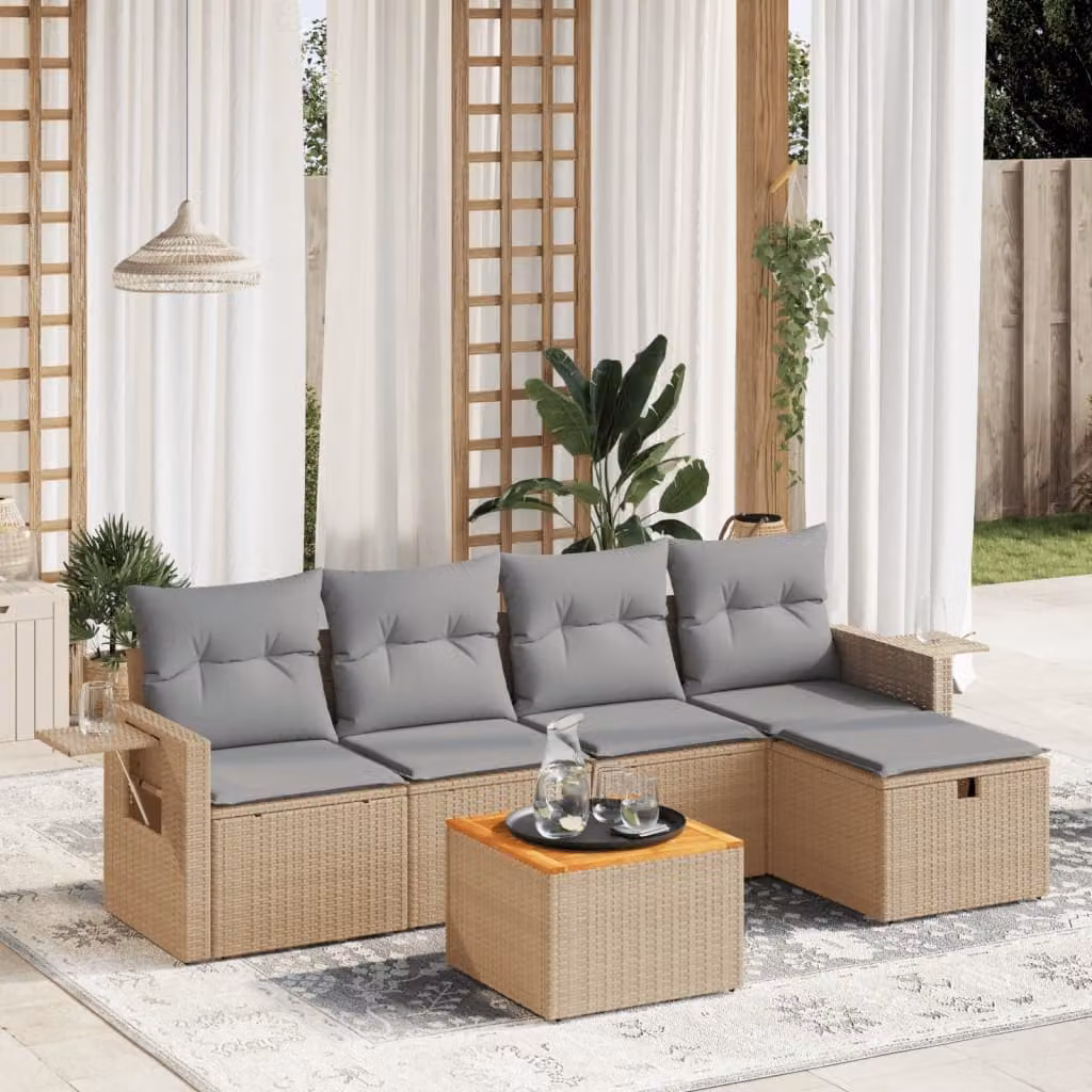 vidaXL Set Divano da Giardino a L 6 pz con Cuscini Beige e Grigio in Polyrattan e Acciaio – 1