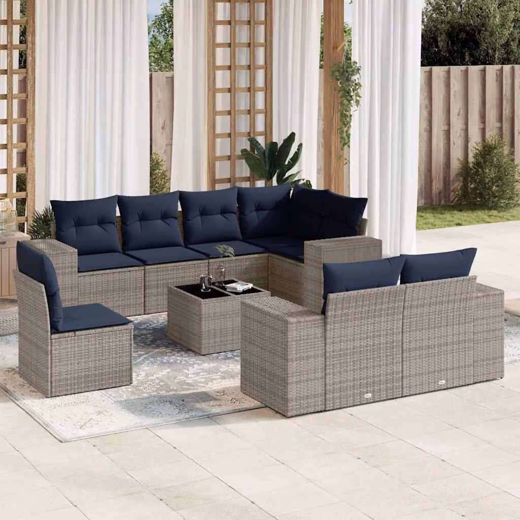 Set Divani da Giardino vidaXL 9 pz in Polyrattan Grigio con Cuscini e Tavolino da Esterno a Forma di L