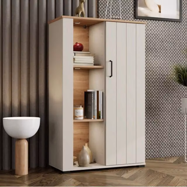 Vetrina Espositore DMORA con Ante in Vetro e Ripiani Interni, L/P/H: 79 x 36 x 127 cm, Bianco Crema