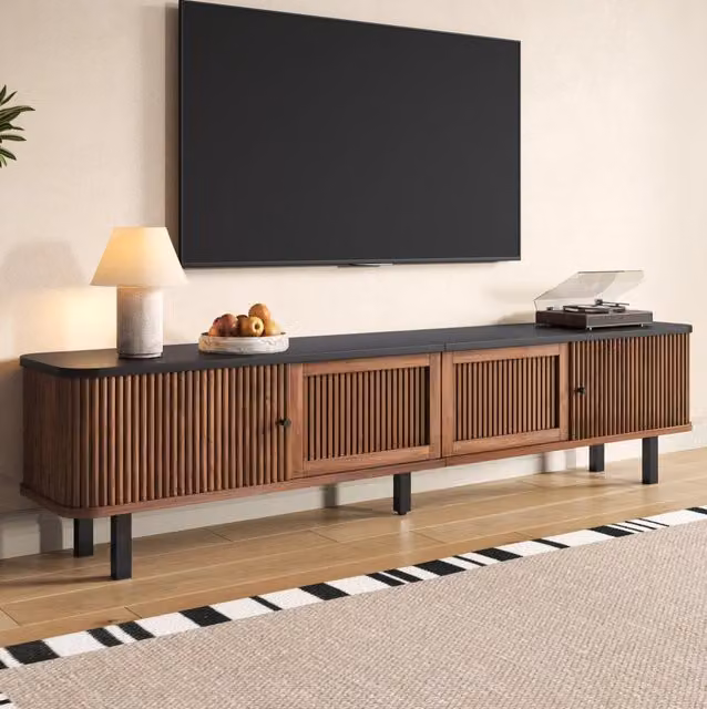 Mobile TV in legno MDF noce con ante scorrevoli e griglia, 190x35x45 cm