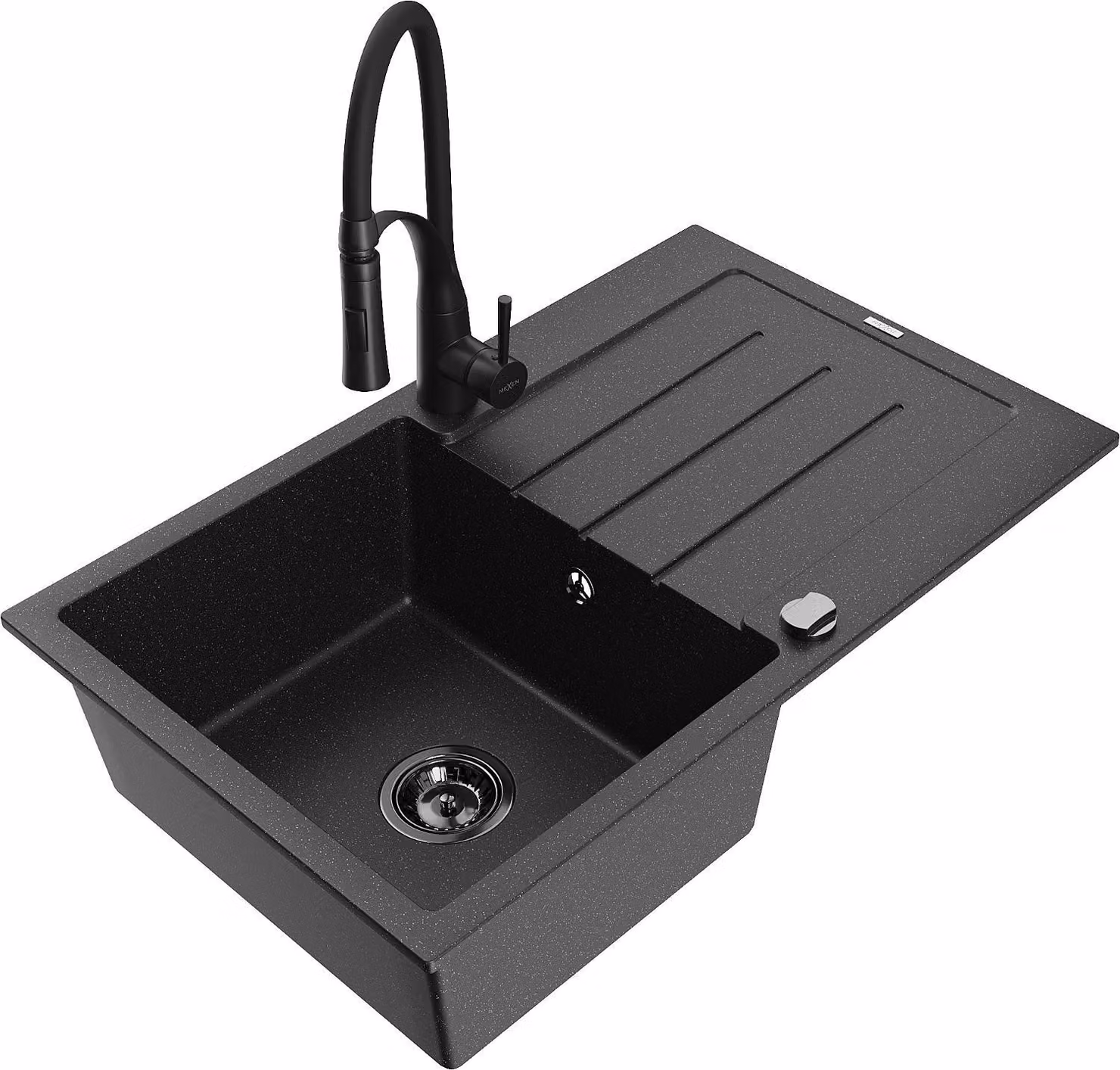 Mexen Bruno lavello in granito a 1 vasca con sgocciolatoio e rubinetto da cucina Aster, nero/argento metallizzato