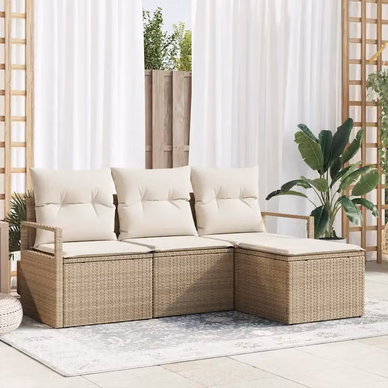 Set di divani da giardino vidaXL a forma di L con pouf, colore beige, in rattan con struttura in acciaio verniciato a polvere e cuscini inclusi