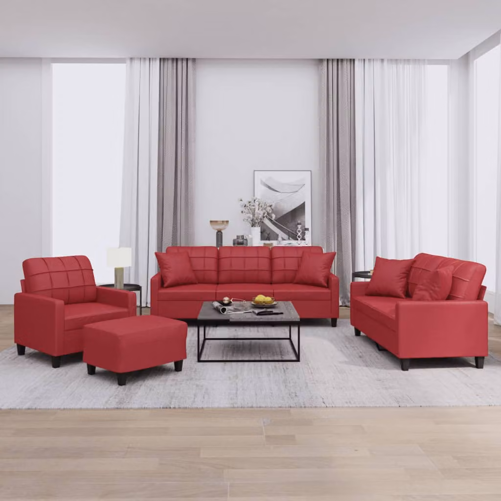 Set di divani vidaXL 4 pezzi in similpelle rossa con cuscini, composto da divano a 3 posti, divano a 2 posti e pouf per il tuo soggiorno