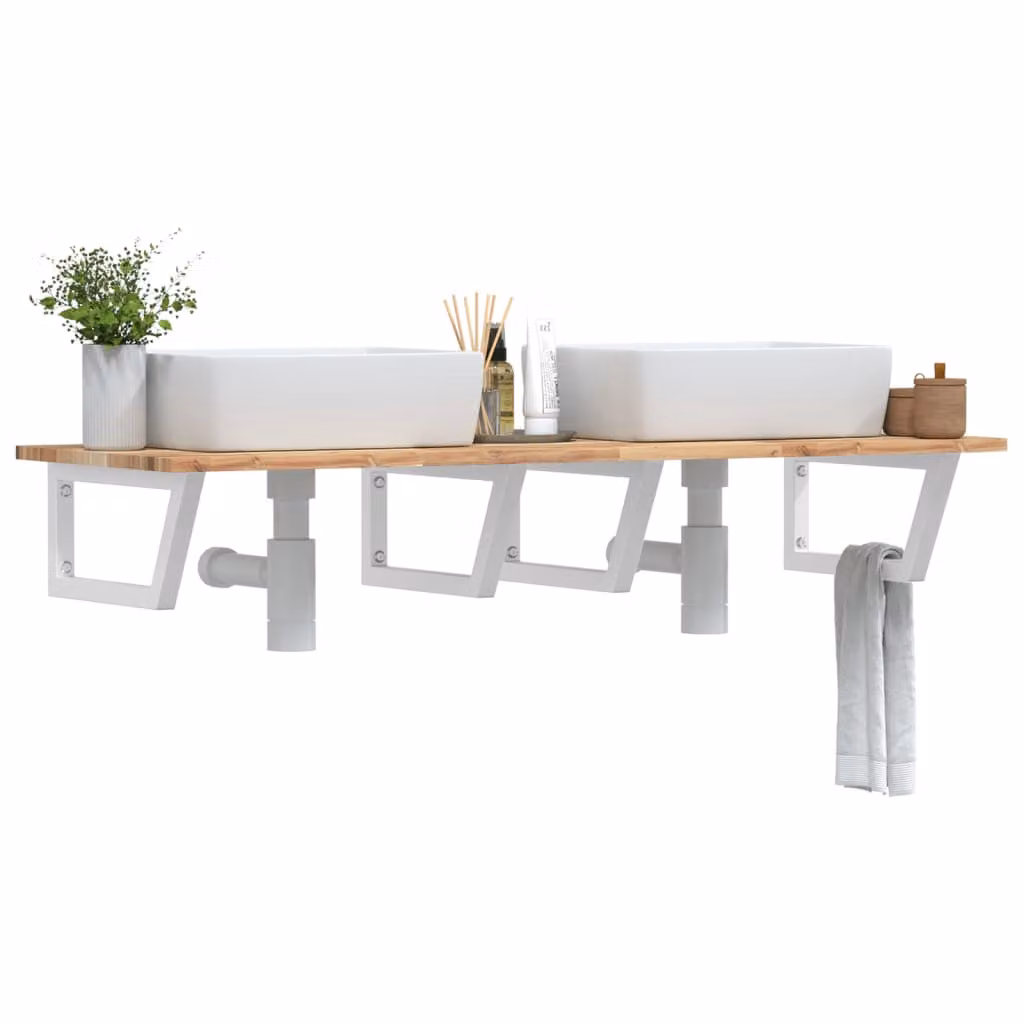 vidaXL Ripiano a Parete per Lavabo in Acciaio e Legno di Acacia, Bianco e Marrone, L: 50 cm, P: 22 cm, H: 50 cm