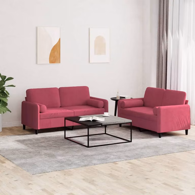 vidaXL Set di 2 Divani Moderni in Velluto Rosso con Cuscini