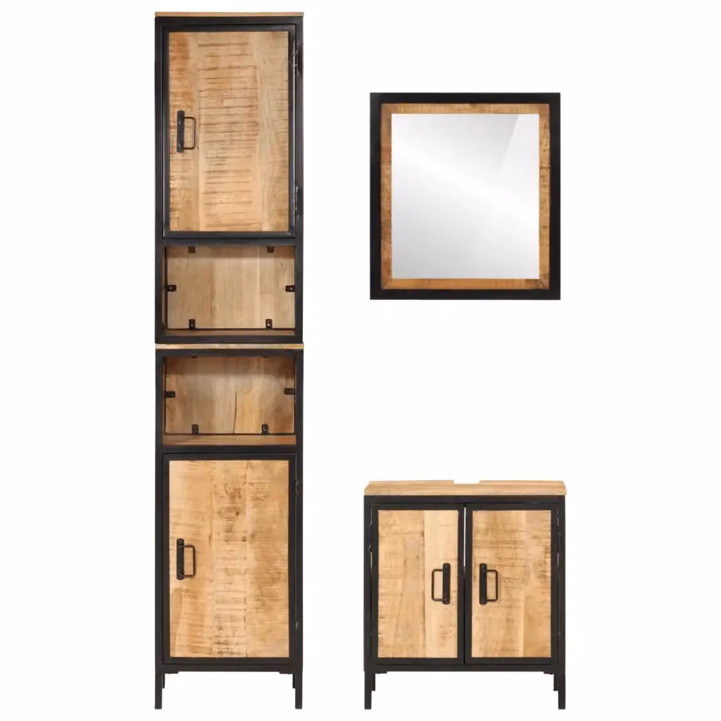 Set Mobili da Bagno 3 Pezzi vidaXL in Legno di Mango e Metallo Marrone Stile Industrial con Mobile Lavabo, Pensile e Specchio – 2