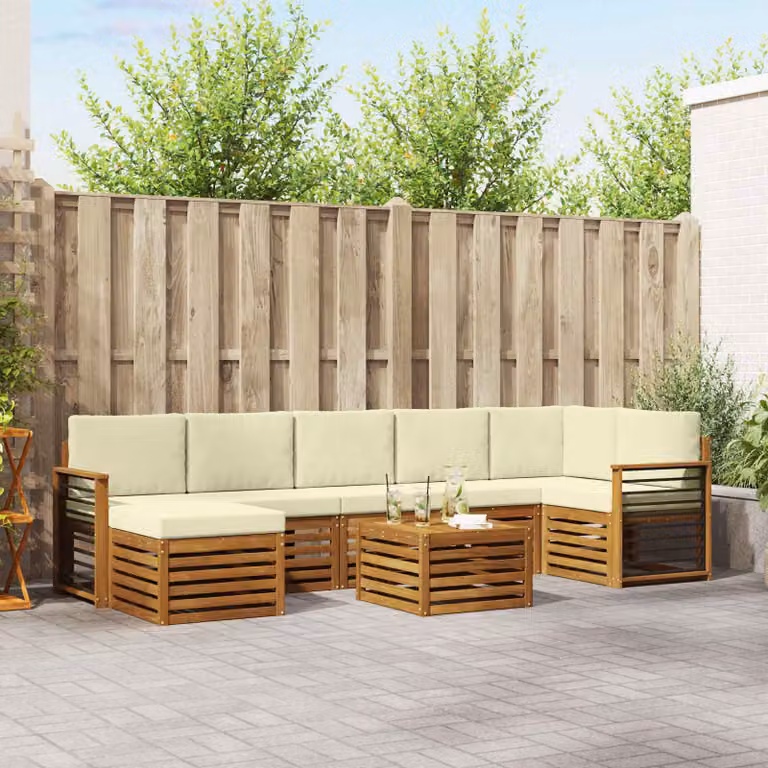 Set di divani da esterno vidaXL 8 pz in legno di acacia con cuscini beige e bianco per giardino e terrazza