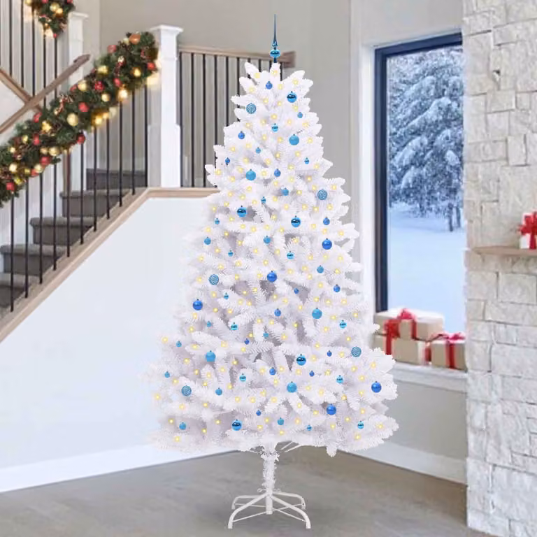 Albero di Natale Artificiale Moderno vidaXL Bianco con Luci LED RGB e Rami Pieghevoli in PVC e Metallo, Altezza: 270 cm