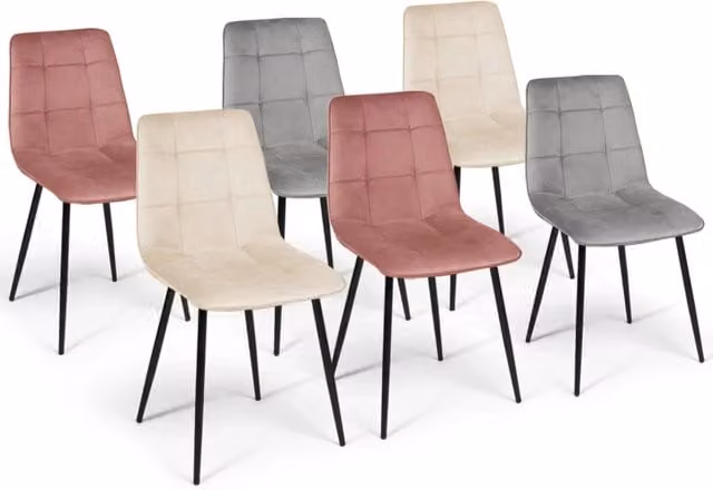 Set di 6 sedie MILA IDMarket in velluto per sala da pranzo e cucina, colori pastello misti: 2 rosa, 2 grigio chiaro e 2 beige