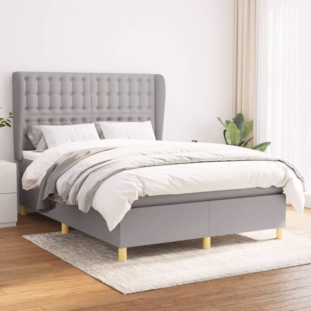 The Living Store Letto a molle con materasso grigio chiaro 140x200 cm in tessuto