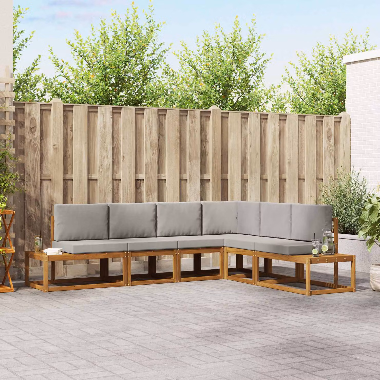 Set di divani da esterno vidaXL a forma di L in legno di acacia con cuscini inclusi, Grigio e Marrone