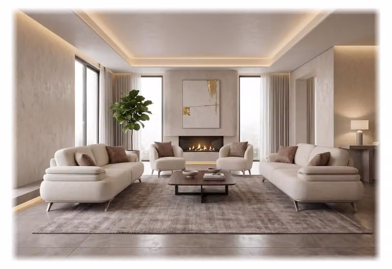 Set divano composto da: 2 divani a 3 posti, 2 poltrone. Design moderno, colore bianco. Elegante set per il soggiorno