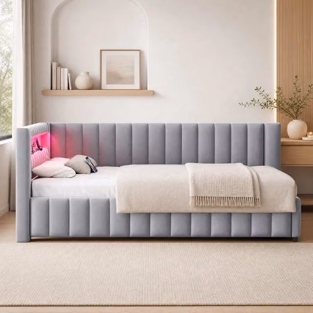 Letto imbottito REDOM in velluto grigio con illuminazione LED e porta USB L 140 x 200 cm