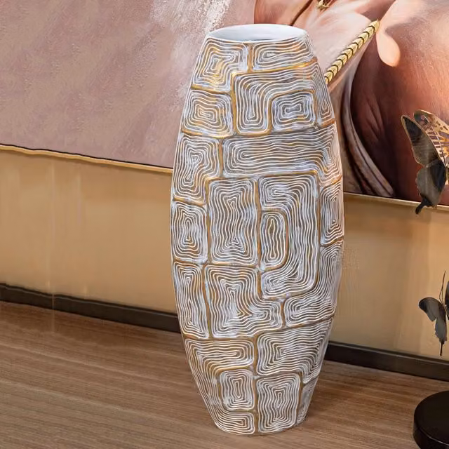 Vaso Bamorasi con disegni geometrici oro e bianco in ceramica per tavolo – 1