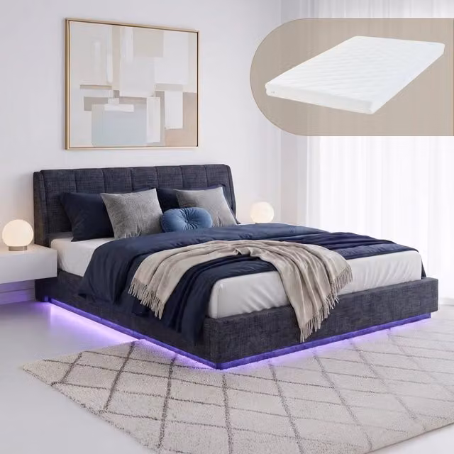 Letto Matrimoniale King Size Contenitore Tröstiar a Luce LED con Materasso 180x200 cm - Effetto Lino Blu [en.casa]