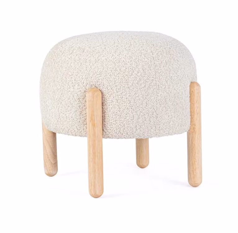 Pouf DAYLA in tessuto naturale effetto bouclé e gambe in legno rubberwood