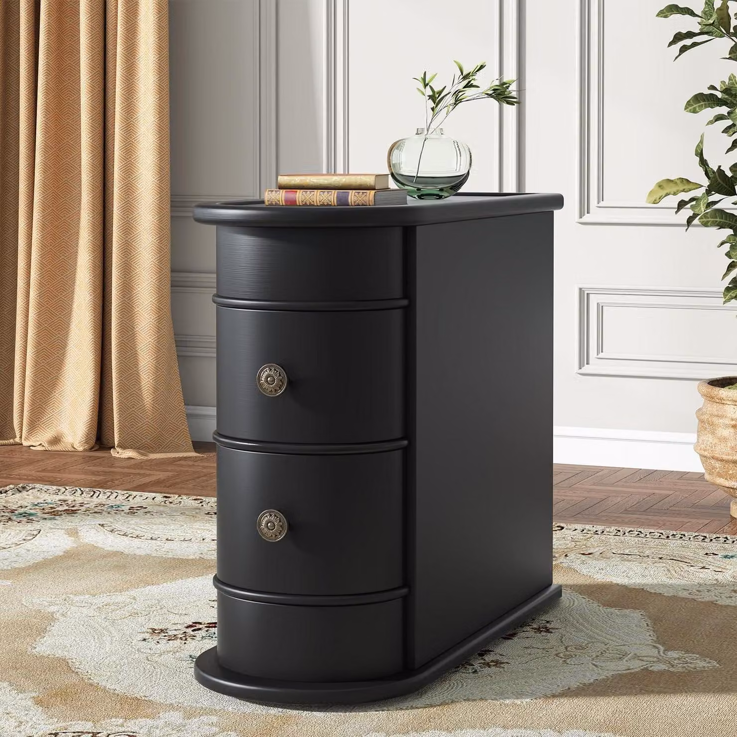 Tavolino laterale in legno massello, con 2 cassetti, colore nero, dimensioni 60 x 27,4 x 60 cm