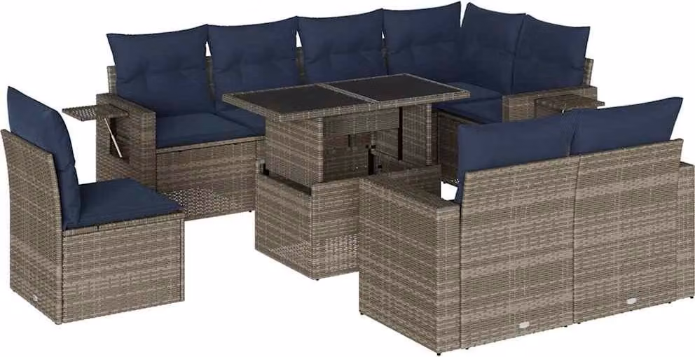 Set Divani da Giardino 9 pz con Cuscini Grigio in Polyrattan