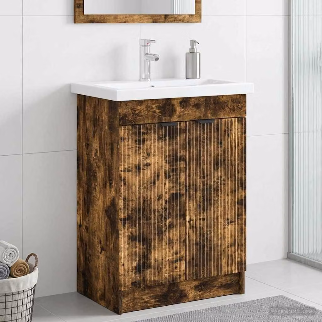 Mobiletto da bagno sotto il lavello vidaXL in Rovere Fumo con ante a battente e ripiani interni, L: 81,0 cm, P: 37,5 cm, H: 78,5 cm