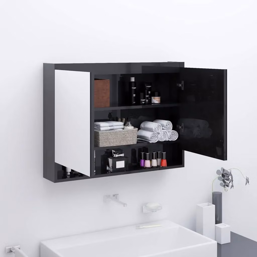 Armadietto da bagno moderno DESIGN IN con specchio e ripiani interni in MDF nero lucido, L: 80 cm, H: 60 cm, P: 15 cm – 2