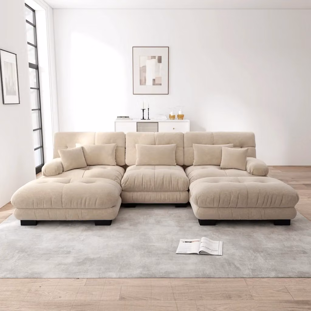 Divano angolare modulare a U Chicfurn con ottomana e cuscini coordinati in tessuto beige e marrone – 2