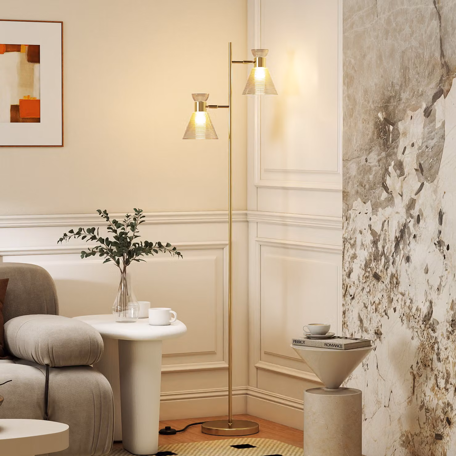 Lampada da terra moderna HOMCOM con 2 luci regolabili e paralumi in vetro, colore oro/ottone – 2