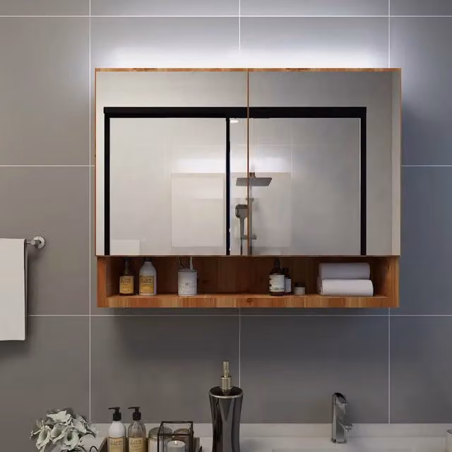 Armadietto da bagno con specchio e illuminazione LED MERCATOXL in MDF marrone e argento L: 80 cm, H: 60 cm, P: 15 cm – 1
