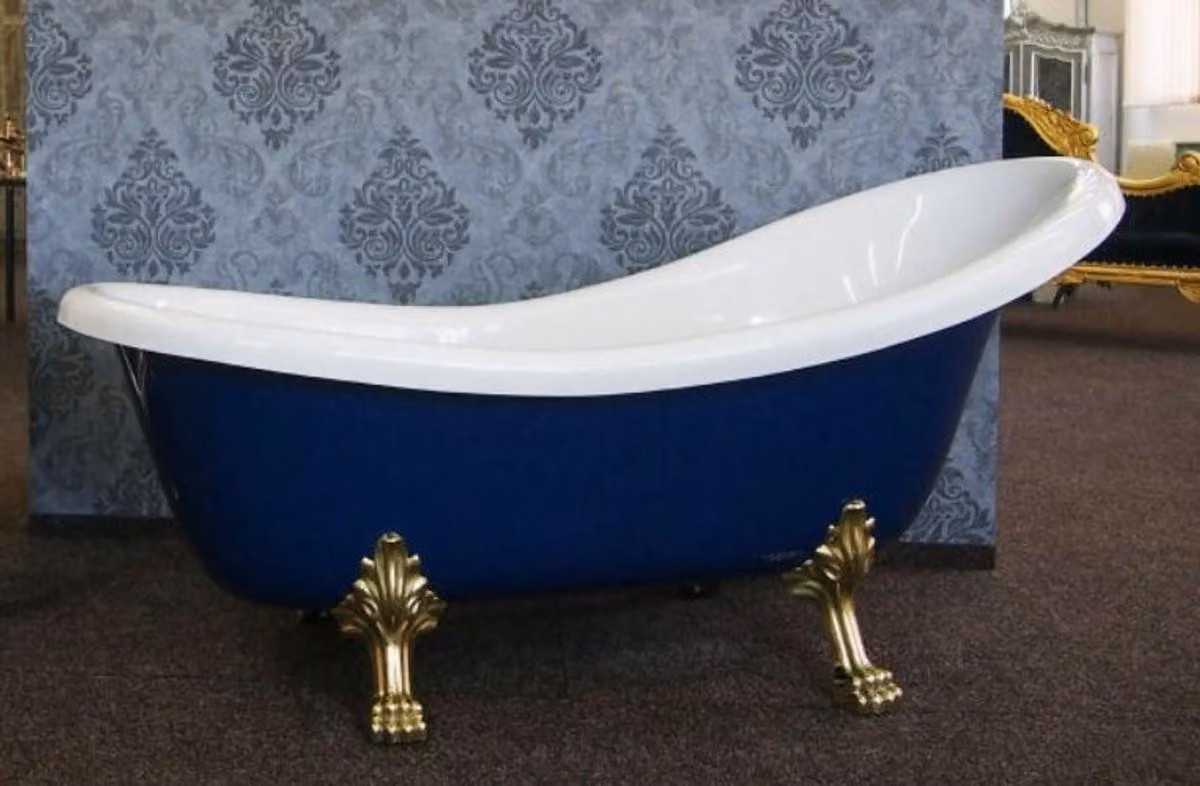 Casa Padrino vasca Art Nouveau bianco / blu zaffiro / oro 174 x 83 x h. 81 cm - Vasca da bagno freestanding retrò con piedi di leone - Mobili da bagno retrò
