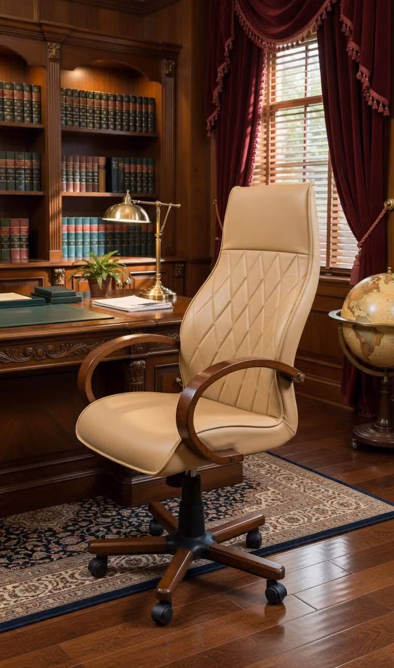 Sedia da ufficio confortevole, color beige, con struttura in legno, ideale per l'ufficio