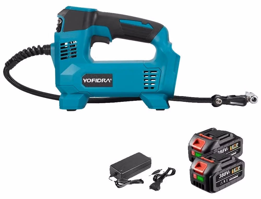Compressore d'aria, funzionamento senza fili, display digitale, set di 2 batterie
