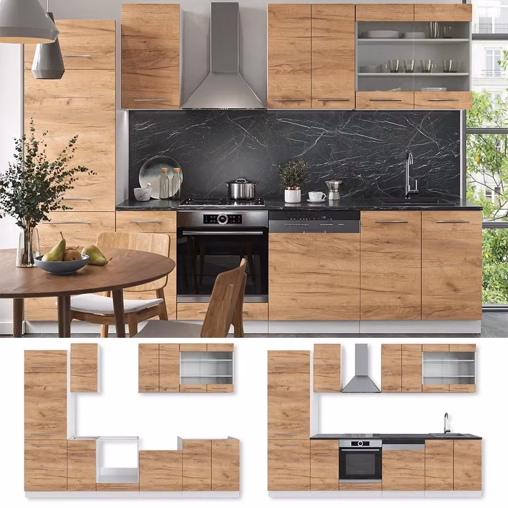 Cucina componibile moderna Fame-Line Vicco in rovere dorato e bianco, larghezza: 300 cm, senza piano di lavoro – 2