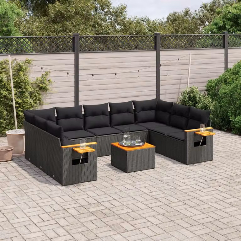 Set di divani da giardino vidaXL in polyrattan nero con cuscini e tavolino da esterno