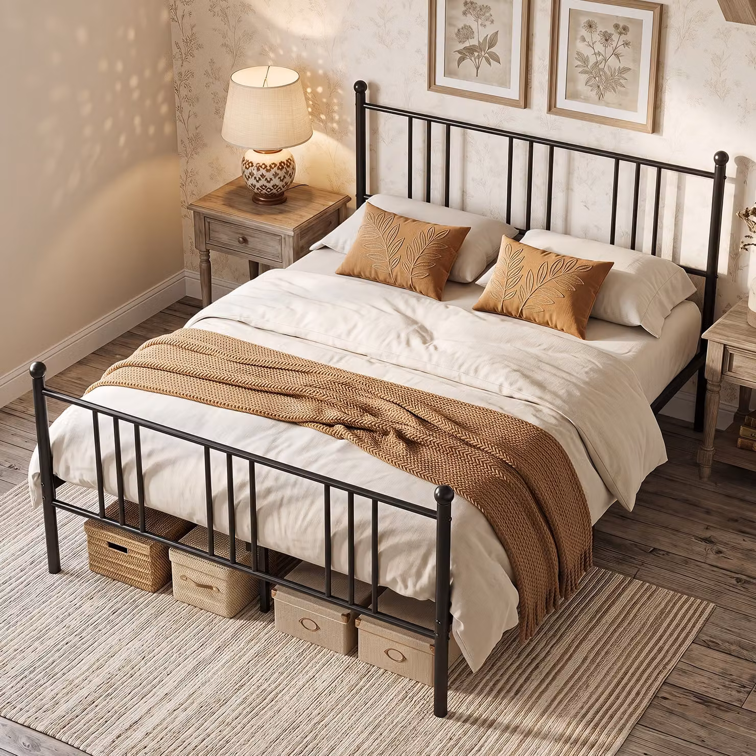 Struttura letto matrimoniale in metallo Costway con testiera e pediera, colore nero, portata 300 kg