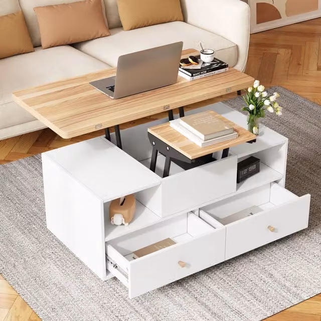 Tavolino da salotto elevabile con piano pieghevole, 4 cassetti e ruote frenate, MDF bianco noce, 100 × 50 × 47,5 cm