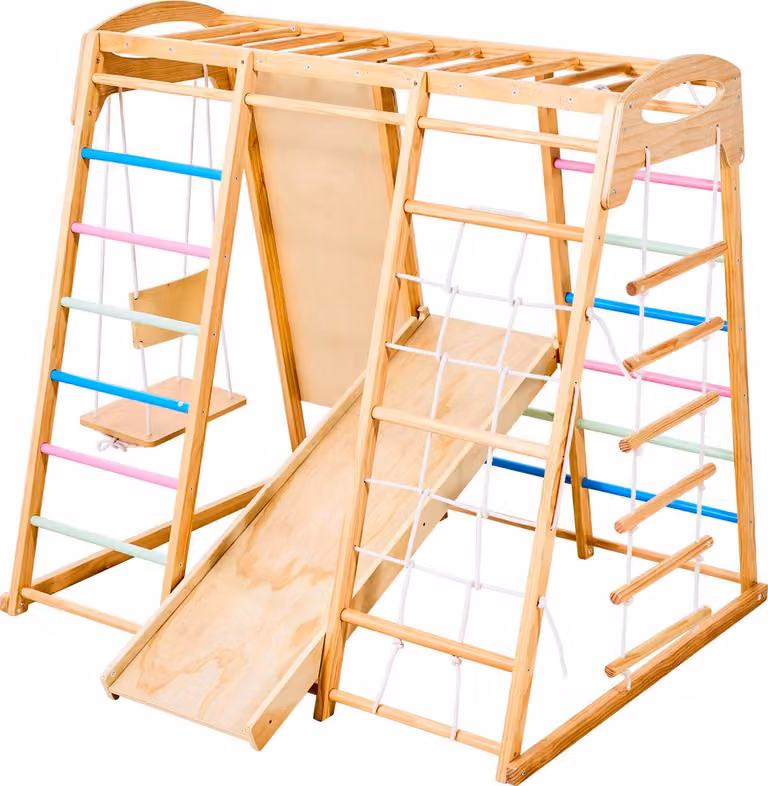 SucceBuy struttura per arrampicata da interno (7 in 1) in legno, caricabile fino a 113 kg - set di giochi per arrampicata Montessori con altalena, struttura per arrampicata, scivolo, scala di legno, scala di corda, rete per arrampicata e parete per arramp