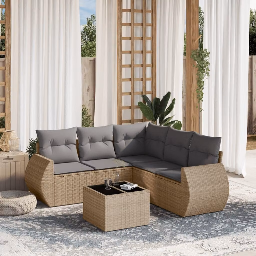 vidaXL Set Divano da Giardino 6 pz a L in Polyrattan con Cuscini Beige e Grigio e Tavolino in Vetro – 1