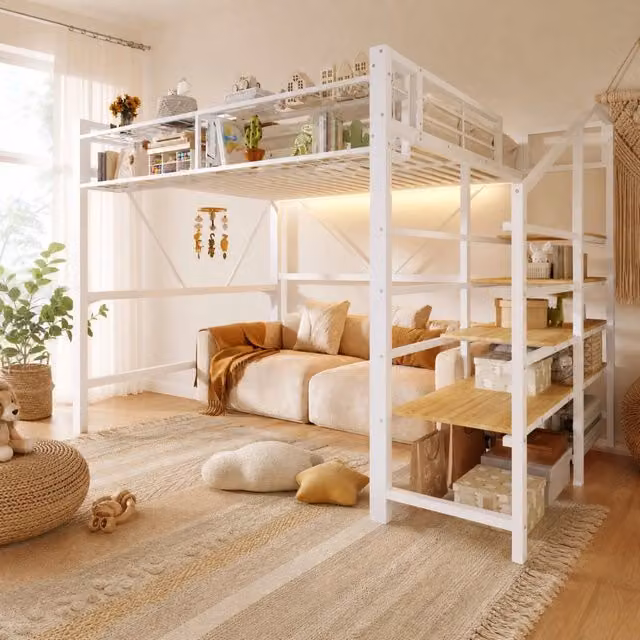 Letto a soppalco 140x200 cm in metallo e MDF con LED; scaffale a gradini e bianco