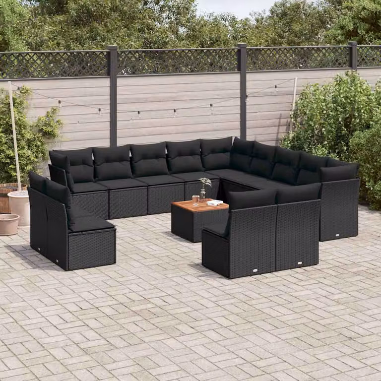 Set Divano da Giardino a L vidaXL con Tavolino, Cuscini e Struttura in Polyrattan e Legno di Acacia, Colore Nero e Marrone