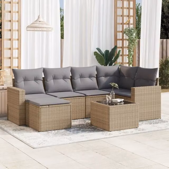 Set Divani da Giardino 7 pz con Cuscini Beige in Polyrattan 3251606