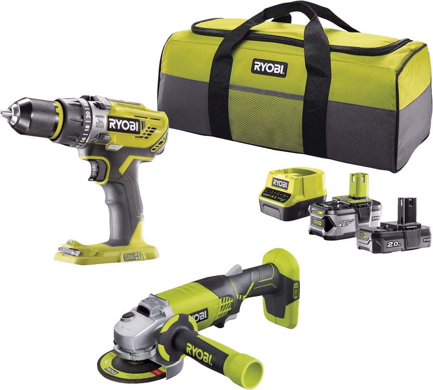 RYOBI 18 V ONE+ Kit combinato R18PDAG-242S, include trapano avvitatore a percussione e smerigliatrice angolare