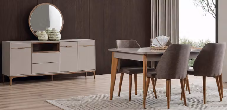 Set per sala da pranzo: tavolo, 4 sedie, credenza. Design moderno, confortevole e di alta qualità