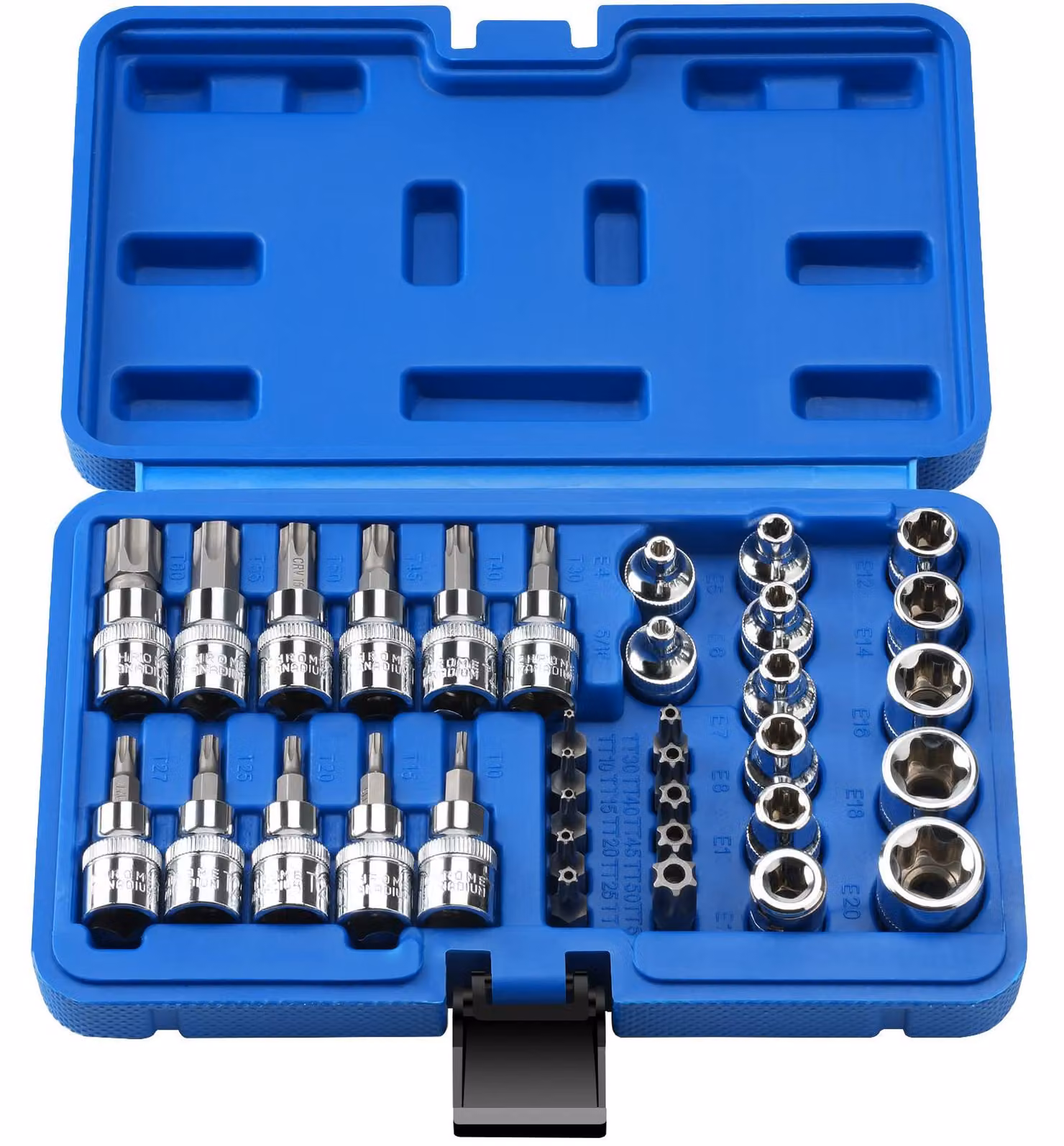 Elzusha - Set di punte Torx da 34 pezzi - Set di chiavi a bussola E-Torx - Punte a vite Torx da T10 a T60 - Attacco da 3/8 di pollice - Ideale per riparazioni auto - Utensile pratico - Set di chiavi a bussola