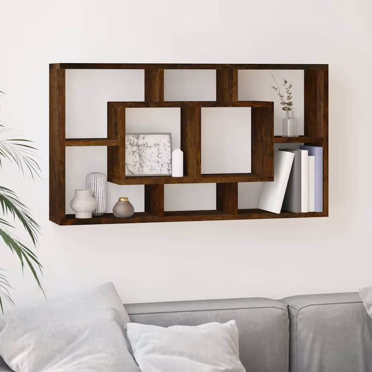 Scaffale a muro vidaXL con 8 scomparti in legno Rovere Fumo, design moderno con schienale aperto, colore marrone