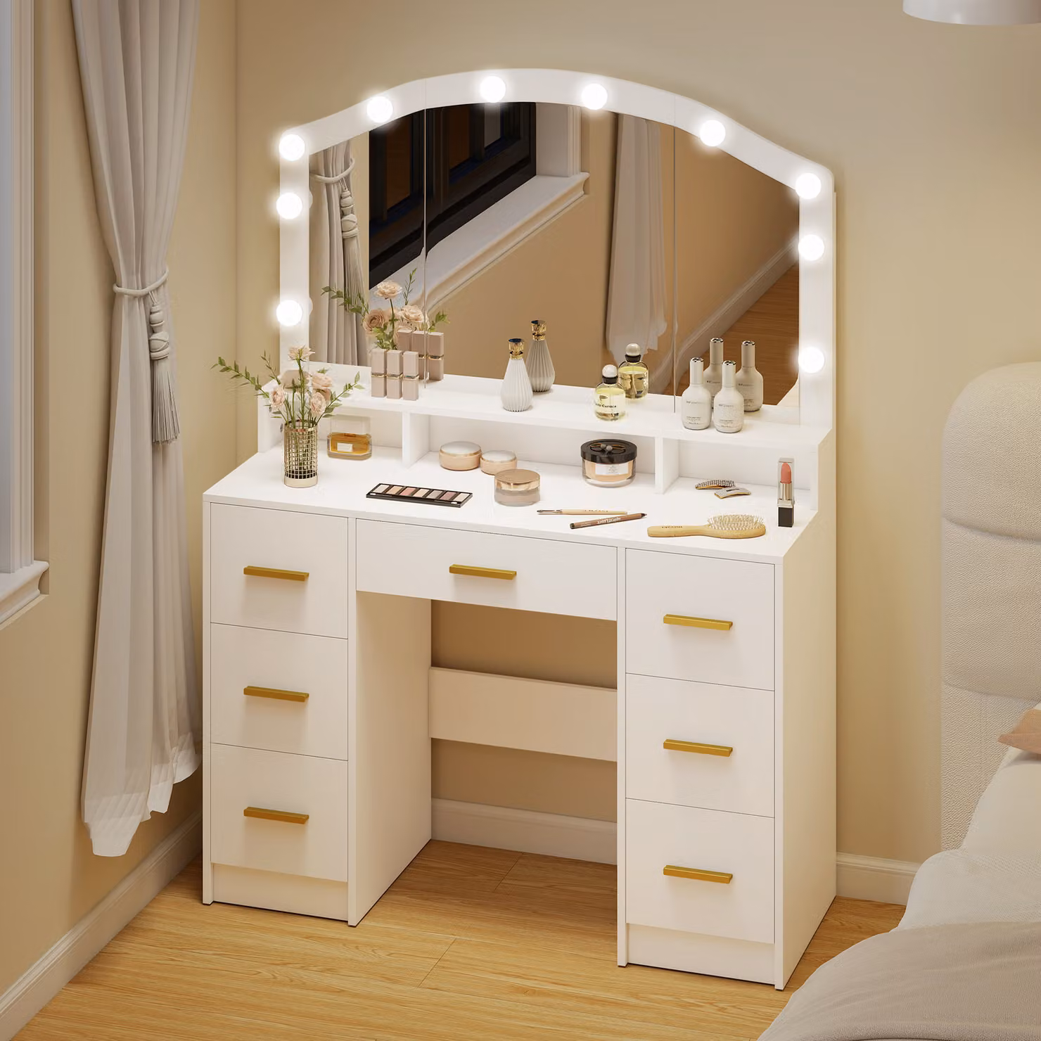 Toeletta per Trucco HOMCOM con Specchio a Luci LED a 3 Colori, 7 Cassetti e 3 Scomparti, Bianco, L 110 x P 40 x H 150 cm – 2