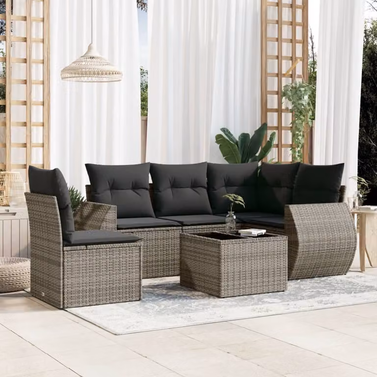 Set Divano da Giardino vidaXL a Forma di L in Polyrattan Grigio con 6 Pezzi e Cuscini Imbottiti