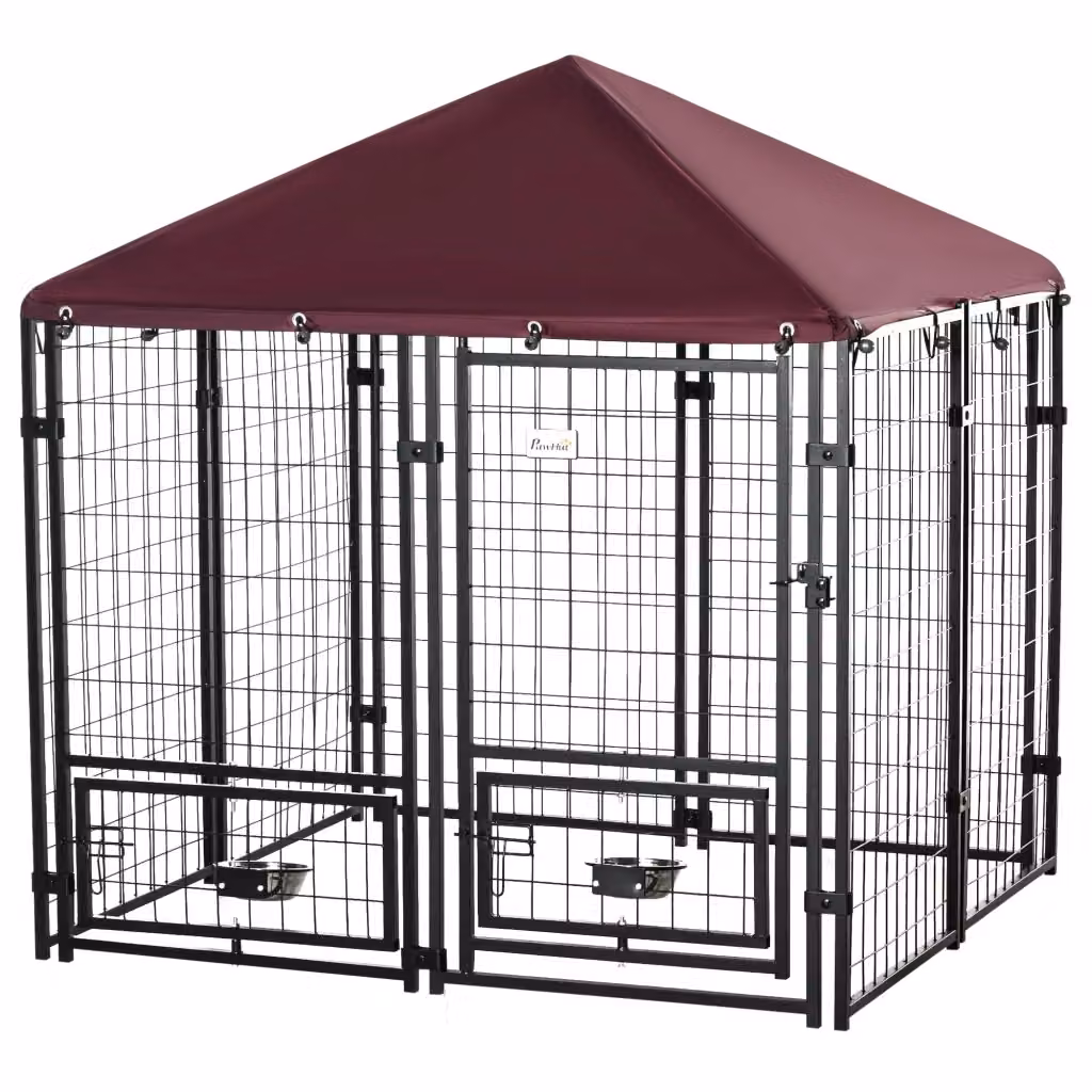 Recinto per cani da esterno in metallo con copertura impermeabile e 2 ciotole girevoli, kennel nero e rosso – 2