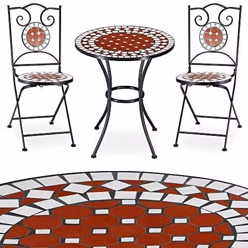 Set Tavolo e 3 Sedie Pieghevoli Bakaji con Design Mosaico Geometrico in Metallo e Pietra per Giardino e Terrazzo Multicolore